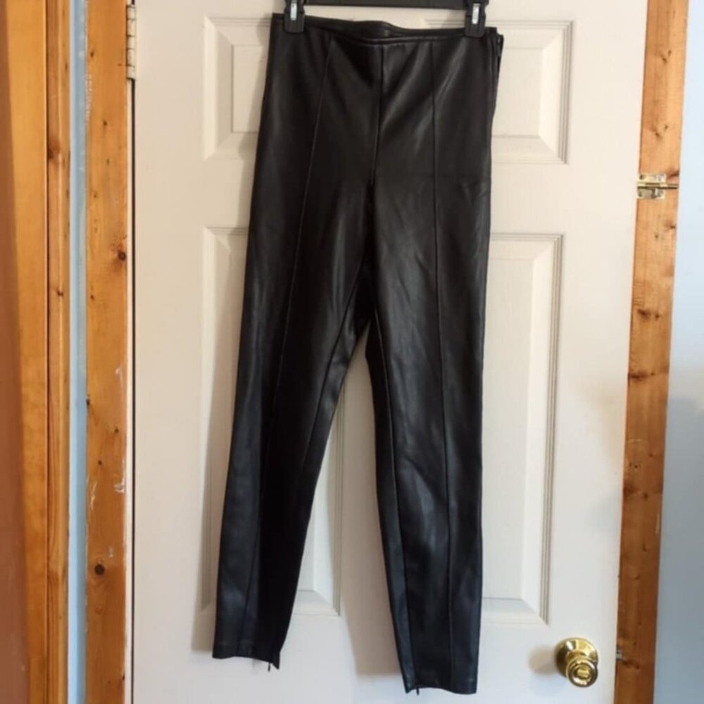 Zara Faux Leather Black Pants Sz Med Skinny Mobwife Greaser 60's Zipper Bottoms